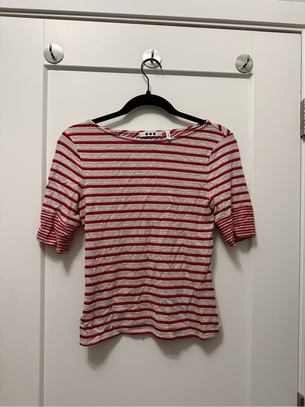 Three Dots Red & White Striped Short Sleeve Boatneck Tee
